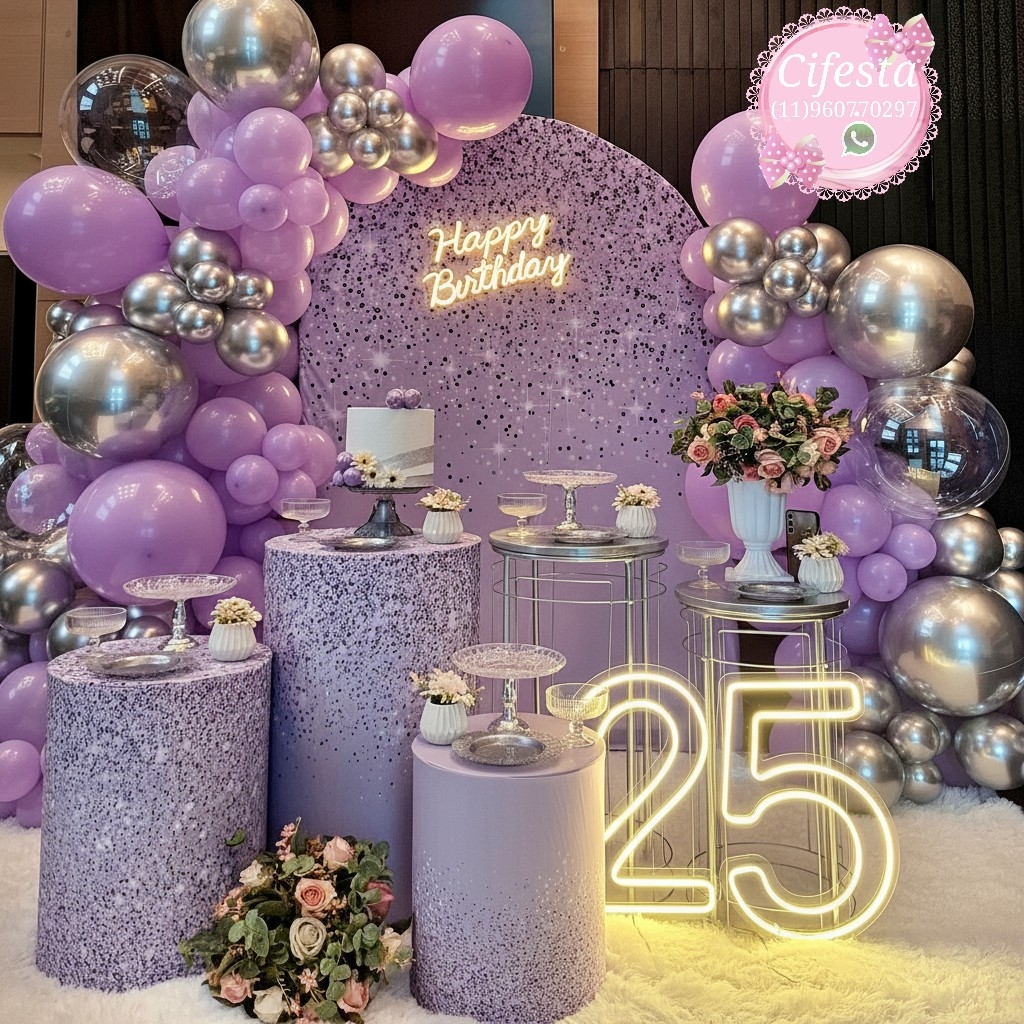 Decoração Festa Adulto,15 Anos, Cenario Lilás e Prata