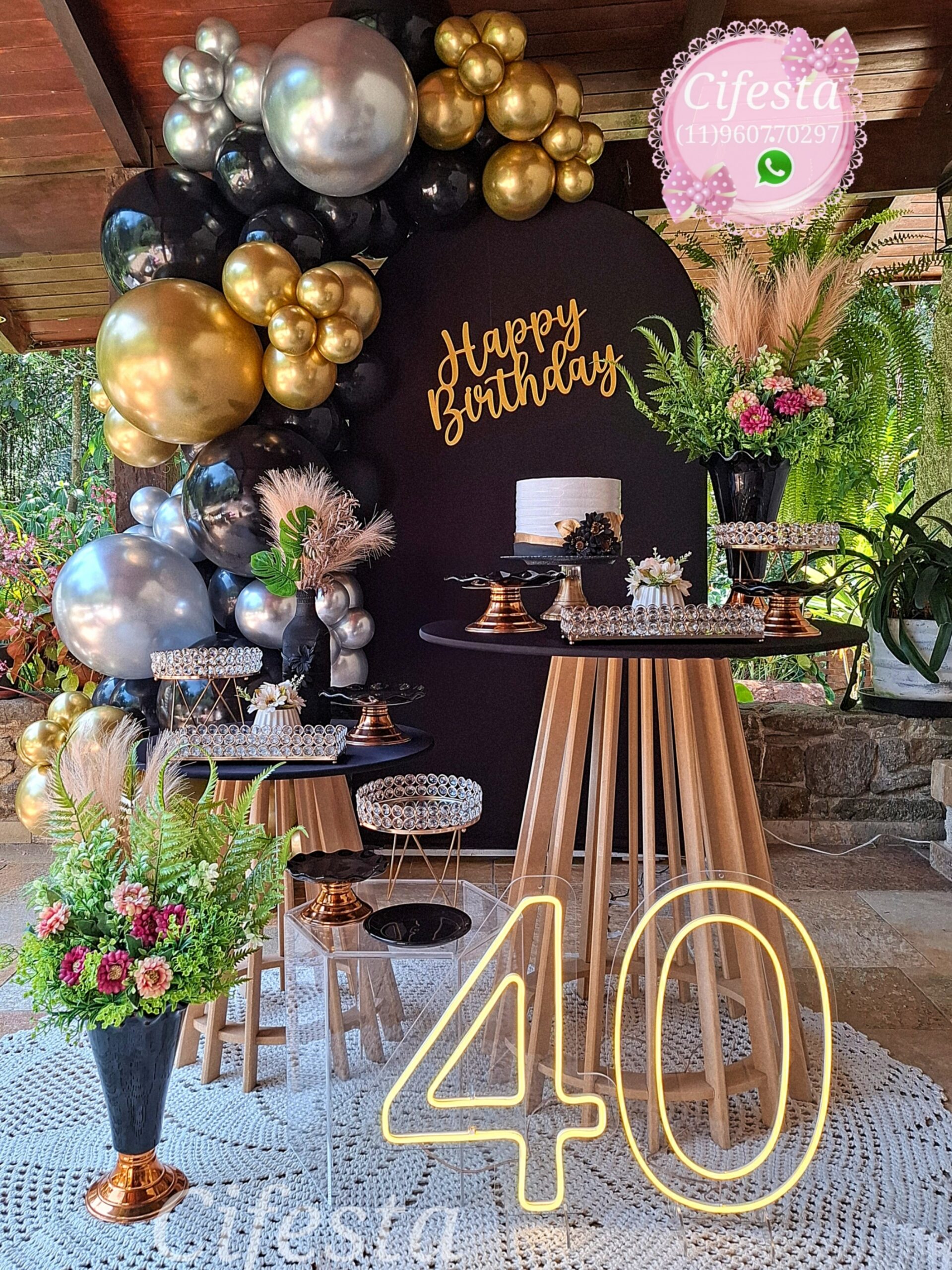 Decoração Festa Adulto Cebario Minimalista Preto e Dourado