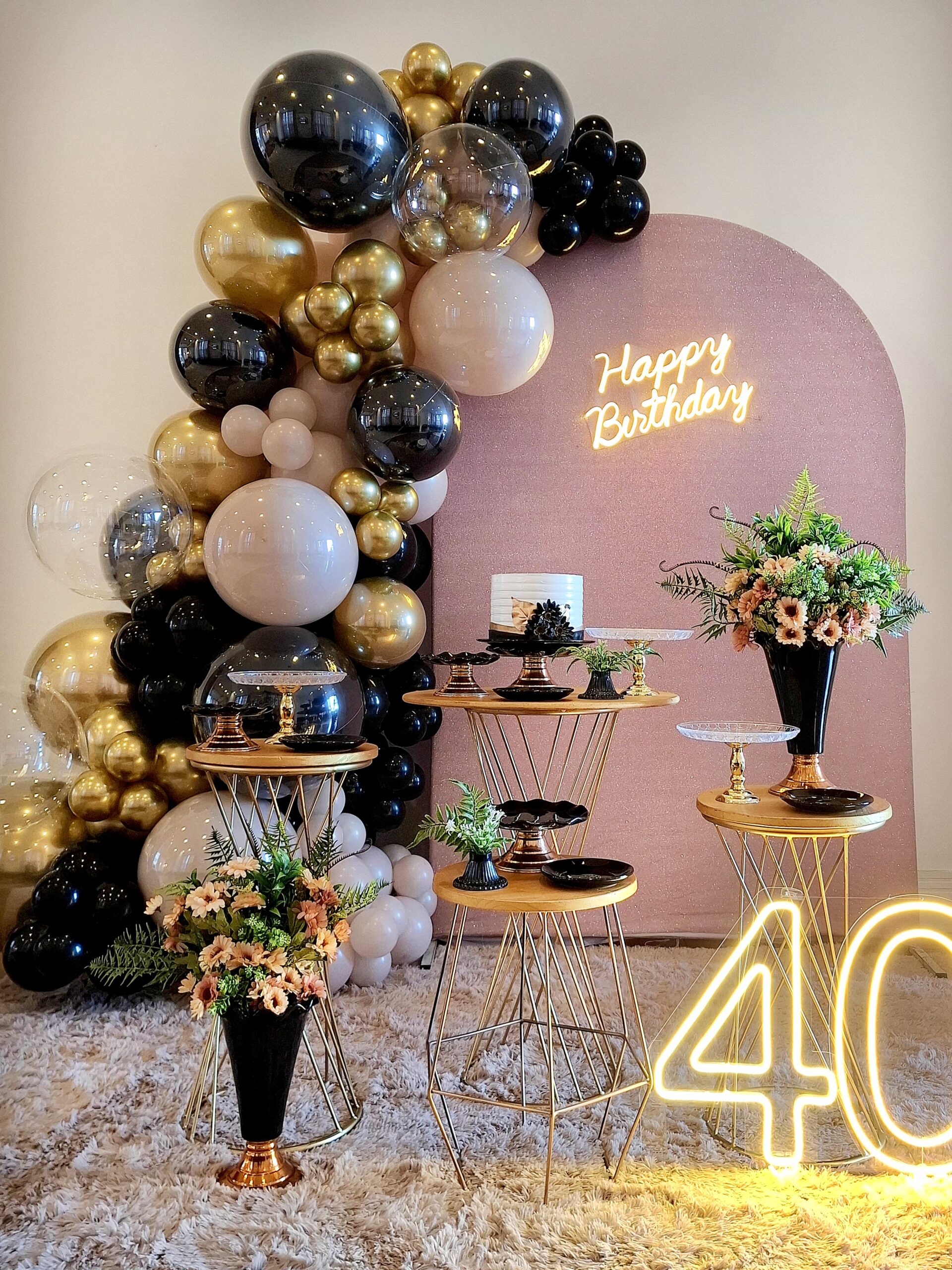 Decoração Festa Adulto, Cenário Rose e Gold e Preto